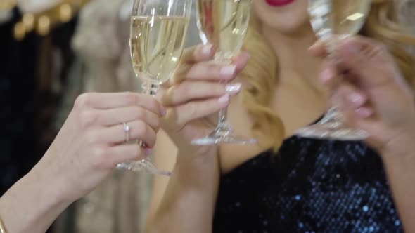 Close-up of Female Caucasian Hands Clinking Glasses with Champagne. Smiling Wealthy Caucasian Women