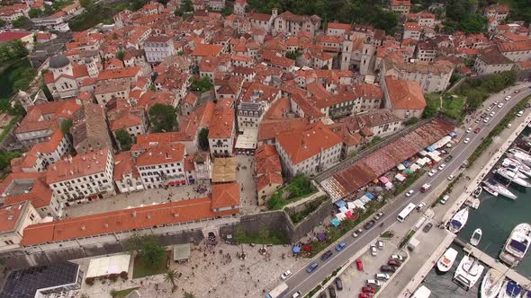 Drone View of the Rooftops of the Old Town of Kotor