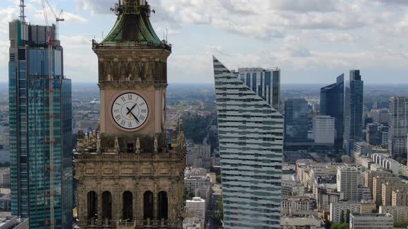 Aerial view of a clock tower of Palace of Culture and Science in Warsaw, Poland