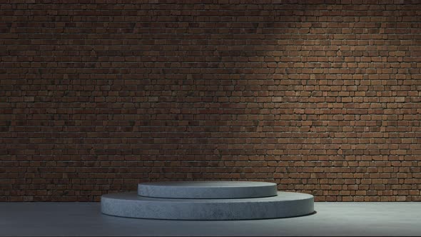 Empty concrete cylindrical display stage for product presentation with bricks wall background