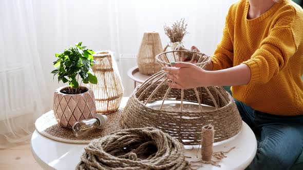 Woman Makes Handmade Diy Lamp From Jute Rope