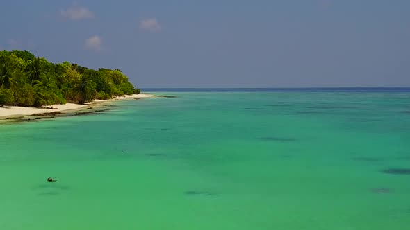 Aerial drone sky of coast beach by blue ocean with sand background