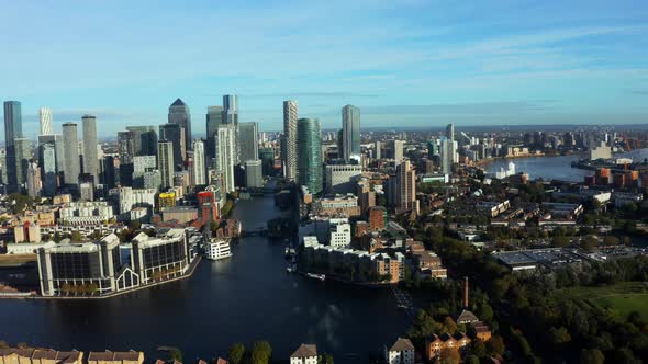 Aerial Panoramic View of the Canary Wharf Business District in London