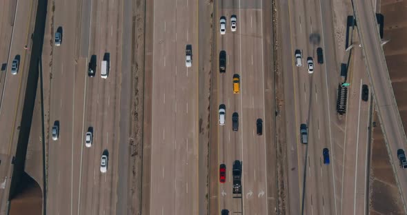 Birds eye view of traffic on 59 South and North freeway near downtown Houston. This video was filmed