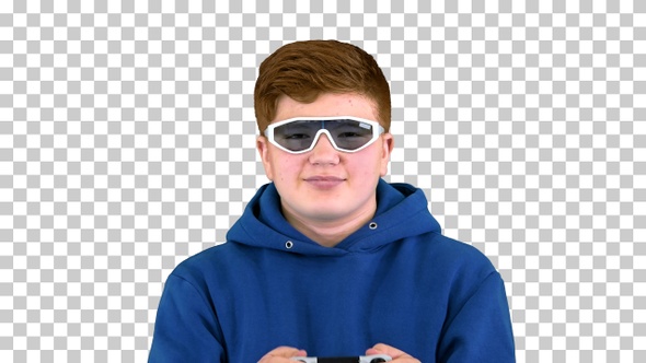 Cool modern kid playing video game in sunglasses, Alpha Channel