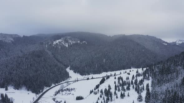 Aerial view of road between snow-capped coniferous mountains