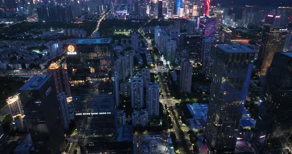 Aerial footage of night cityscape in shenzhen city, China