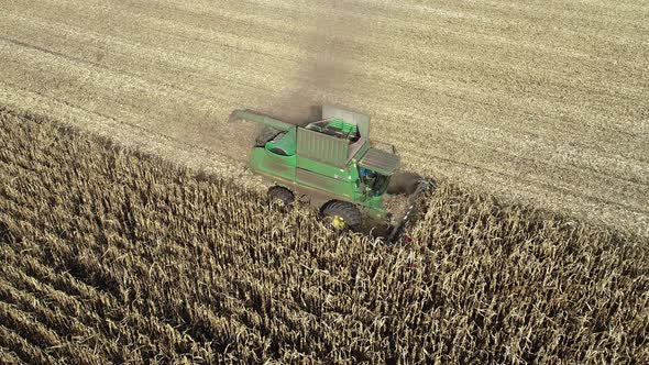 Aerial View of a Harvester Harvesting Corn in the Field