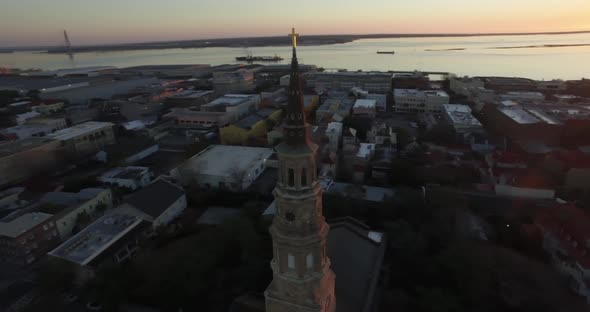 Aerial of downtown Charleston sunrise with Saint Philips Church