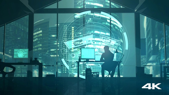 Web Programmer In The Office Overlooking The Skyscrapers 4K