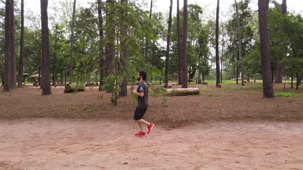 Man running in the middle of pine forest. Pan shot.