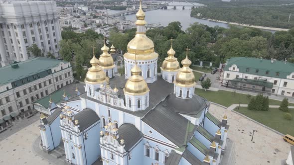 Kyiv. Ukraine: St. Michael's Golden-Domed Monastery. Aerial View. Flat, Gray