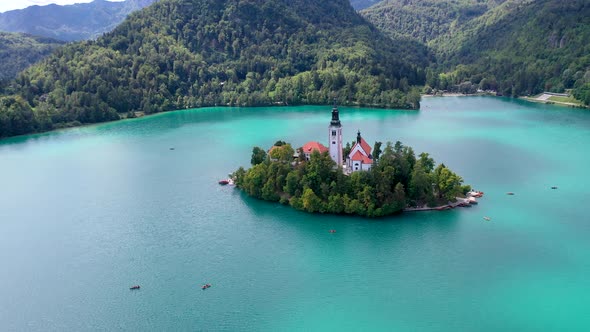 Lake Bled Island with church cinematic top view