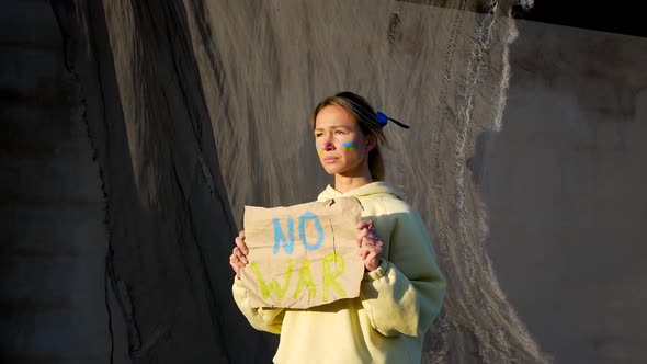 War Portrait of Ukrainian Woman with National Flag on Cheek and No War Sign Poster