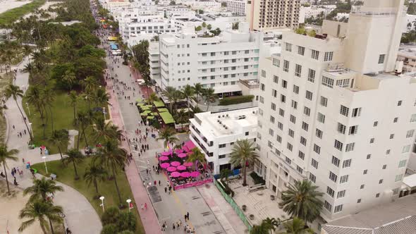 Aerial Shot Crowds Gathering On Ocean Drive Miami Beach
