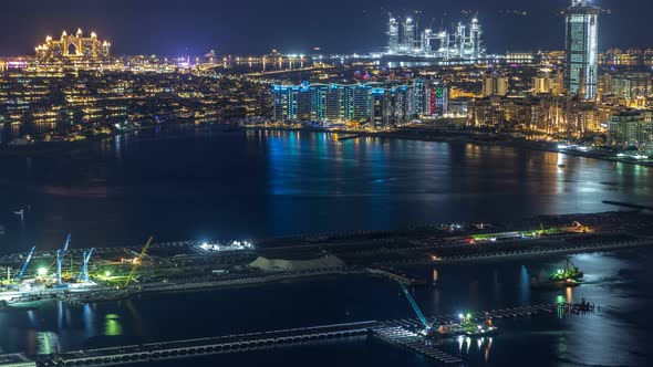 Aerial View of Palm Jumeirah Island Night Timelapse