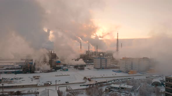 Giant Chemical Production, a Lot of Pipes Emit Pollutants Into the Atmosphere. Industrial Complex