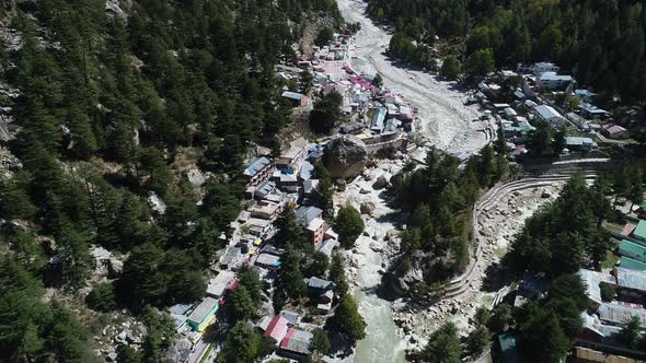 Gangotri village in the state of Uttarakhand in India seen from the sky