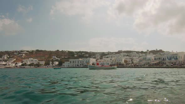 A shot of a fishing boat off the coast of the charming island of Mykonos