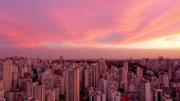 Sunset downtown Sao Paulo Brazil. Downtown district at sunset scenery.