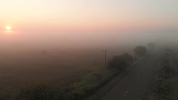 Cars Driving Along Countryside Road in Heavy Fog