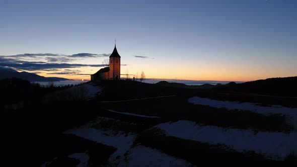 Church at Night in Jamnik, Slovenia. Aerial View