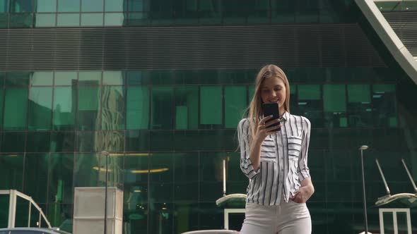 Woman Student Walking City Outdoor Call Phone, Talking Phone Audio Message Happy Girl Skyscrapers on