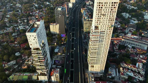 Modern Infrastructure of Highway Road and Buildings, Segundo Piso Periférico in Mexico City, Aerial