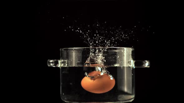 Super Slow Motion Egg Falls Into a Pan with Water Spray