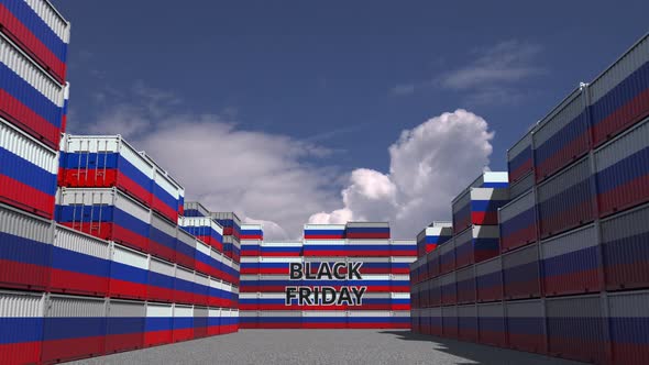 Cargo Containers with BLACK FRIDAY Text and Flags of Russia