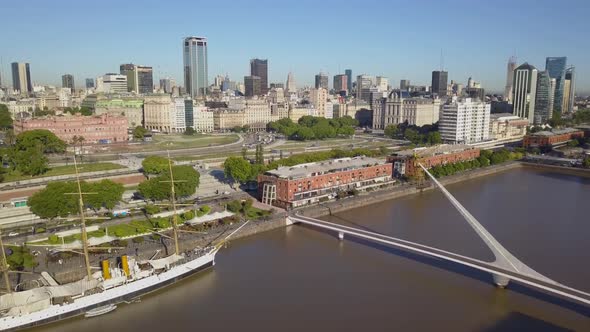 Aerial view of Puerto Madero neighborhood and Casa Rosada on background