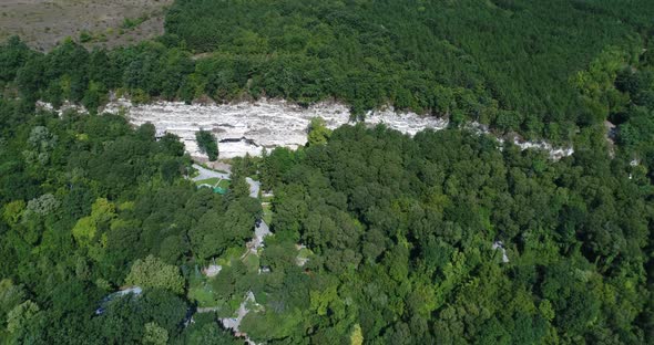 Aerial view of Aladzha Monastery. Medival orthodox Christian cave monastery complex