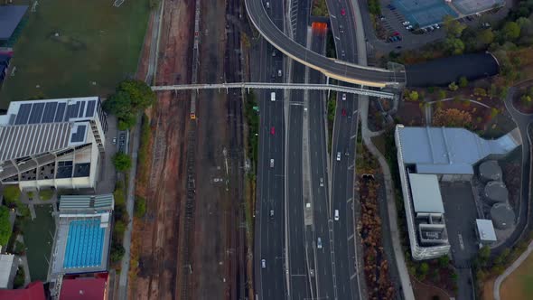 Busy Highway In Roma Street Near The Train Station In St. George Square In Brisbane - aerial shot