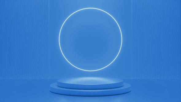 Blue podium with a bright glowing blinking neon circle