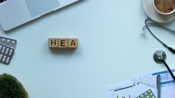 Healthcare Word Made of Cubes on Doctors Table, Disease Treatment, Diagnostics