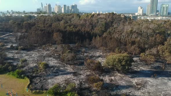 Aerial view of a recent fire close to a major city