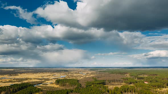 Aerial View Forest Woods And River Marsh In Early Spring Landscape