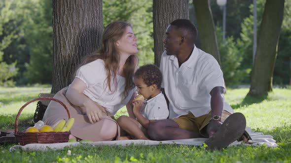 Black Father Fairskinned Mother and Mestizo Child in the Park