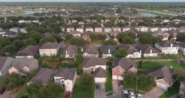 Aerial of middle class suburban neighborhood just outside of Houston, Texas