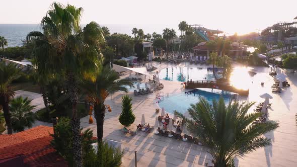 Aerial View of Resort Hotel with Swimming Pools.