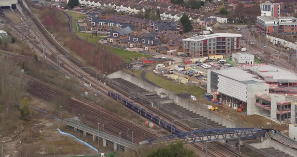 Aerial View of HS1 (high speed train) leaving Ashford International train station, Ashford, Kent, UK