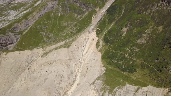 Aerial shot of big cranck from climate change and permafrost in the swiss alps