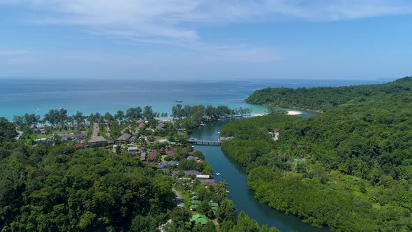 Drone shot of estuary on tropical island. Koh kood island.  FLY FORWARD