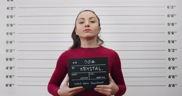 Portrait of Female Criminal with Ponytail Holding Sign for Photo in Police Department