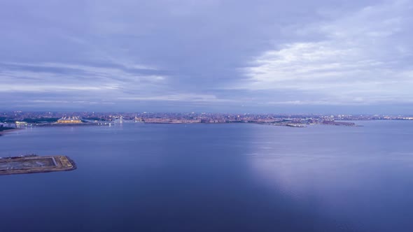 Saint-Petersburg City Skyline in Evening Twilight. Aerial Hyper Lapse, Time Lapse. Russia