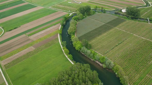 Drone shot of river Vipava in Slovenia with agriculture fields around and paddle boarders.