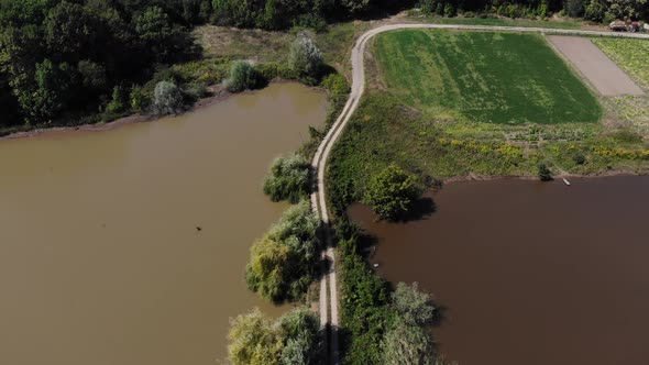 Aerial view of the meadow and lake.