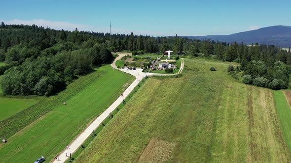 Aerial view of the statue of Jesus in the village of Klin Slovakia