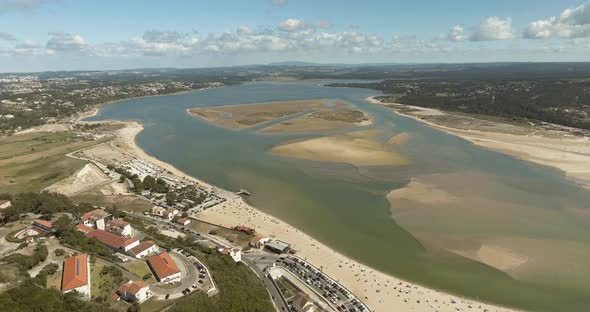 Aerial View Of Obidos Lagoon Next To Foz do Arelho Beach Between Obidos And Caldas da Rainha In Leir