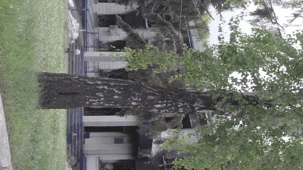 Vertical Video of a Burned Down Police Station in Ukraine During the War